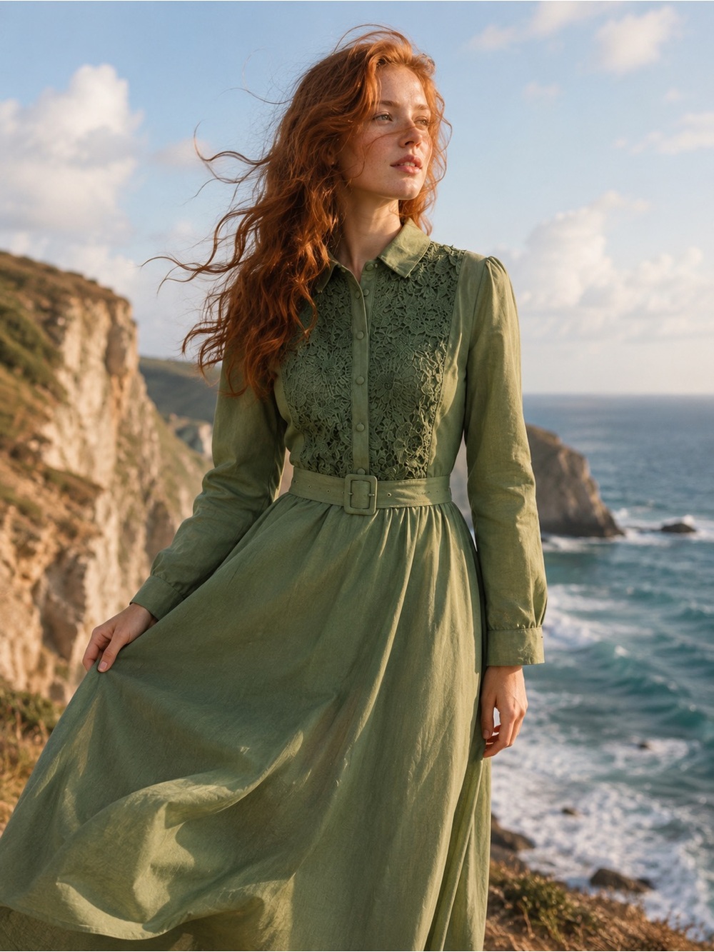 Long Sleeve Olive Green Lace-Front Maxi Dress with Belt 189